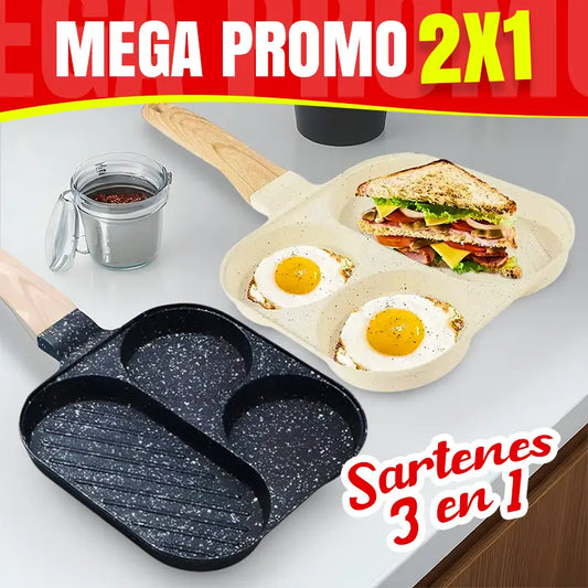 PROMO 2X1: Sartén de 3 espacios ¡Cocina todo a la vez y ahorra tiempo! 🍳